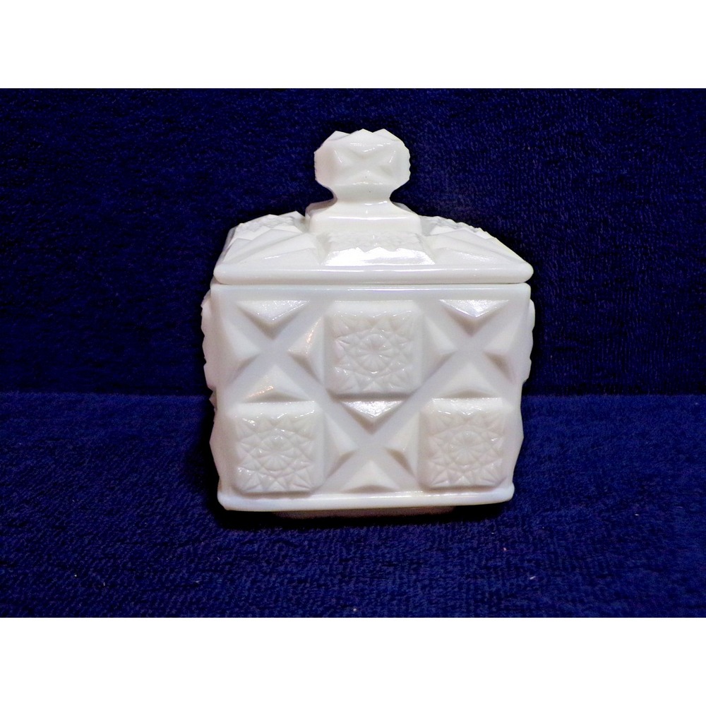 Vintage Westmoreland Old Quilt Pattern White Milk Glass Footed Square Jar w/Lid